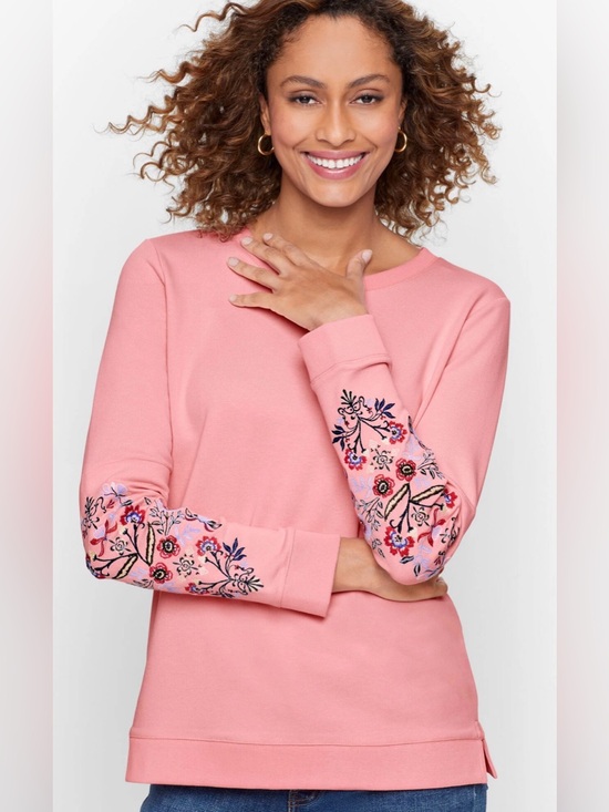 Talbots Tops - Talbots Embroidered Crewneck Sweatshirt Rose Pink 100% Cotton